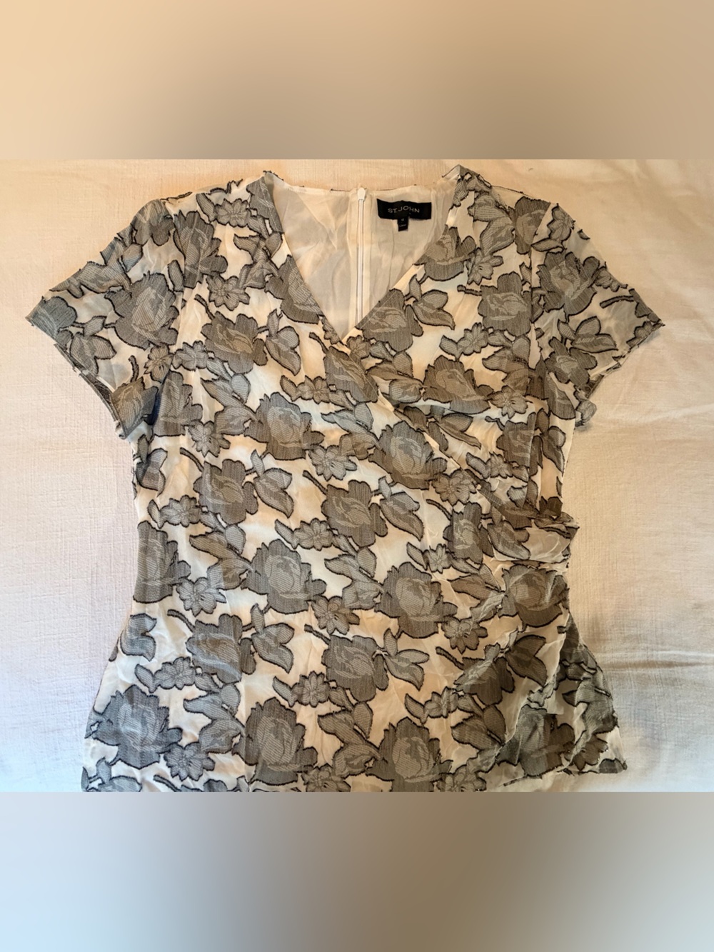 St John black, grey, and Cream Floral Lace Wrap-Style Short Sleeve Top